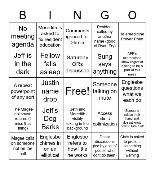 Section Meeting Bingo Card