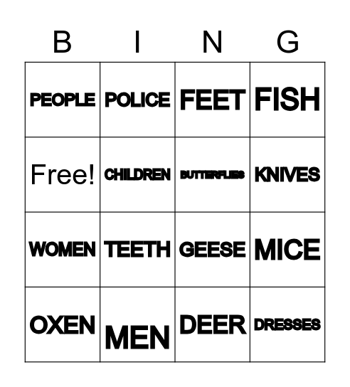 Irregular plural nouns Bingo Card