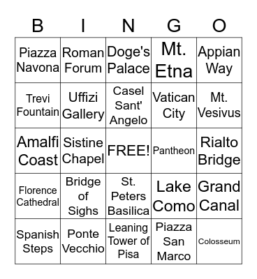 Things to See in Italy Bingo Card