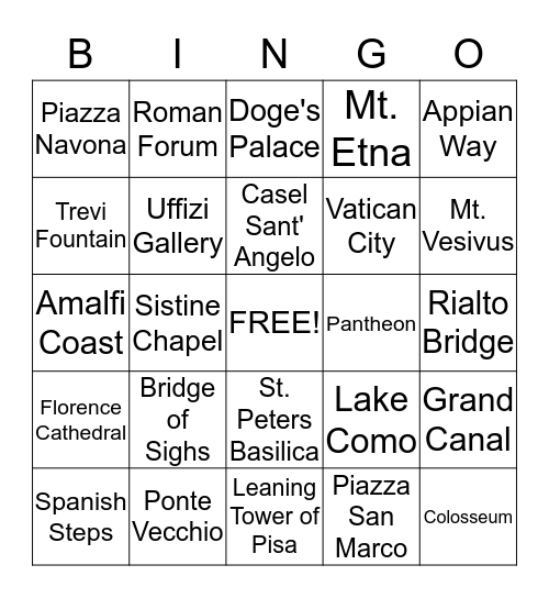 Things to See in Italy Bingo Card