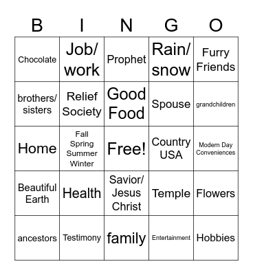 Gratitude Bingo Card