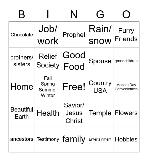 Gratitude Bingo Card