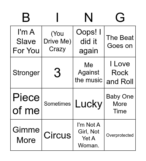 BBH Britney Spears Bingo Card