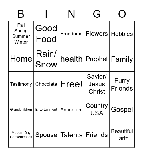 Gratitude Bingo Card