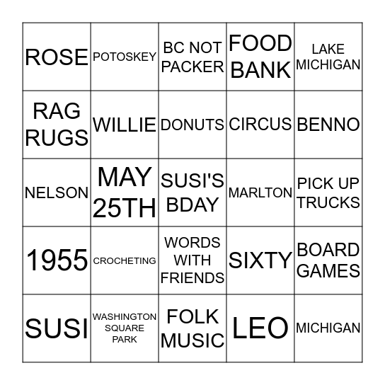 SUSI'S SIXTIETH BIRTHDAY BINGO Card