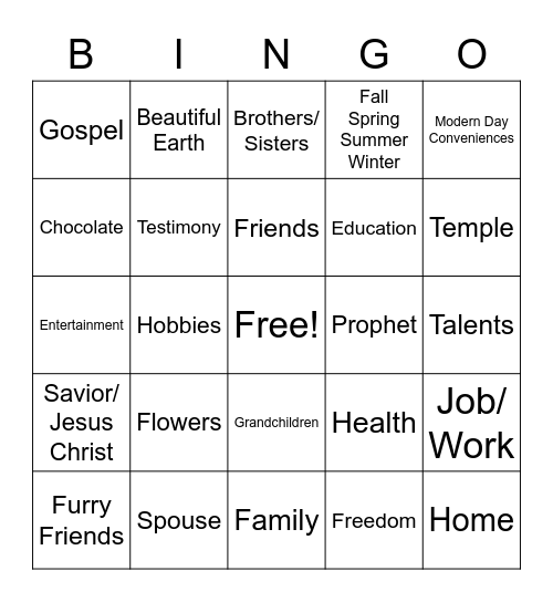 GRATITUDE Bingo Card