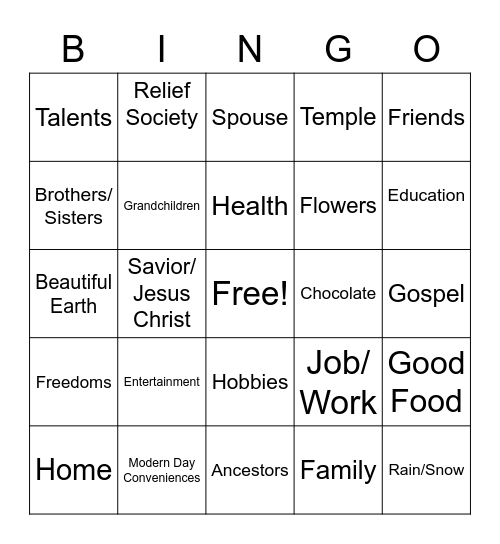 GRATITUDE Bingo Card