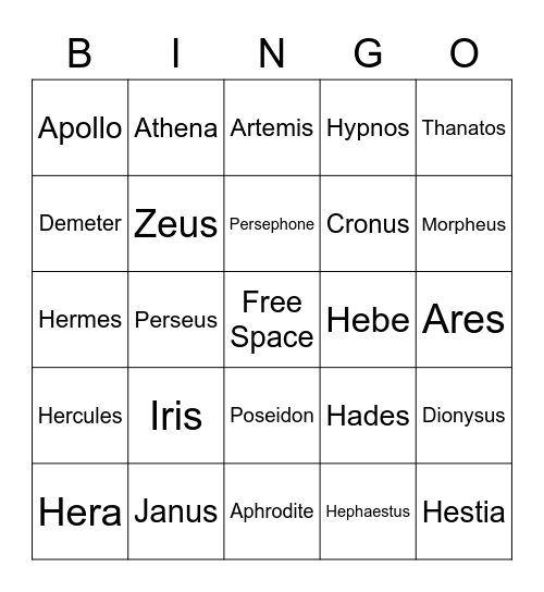 Greek gods and goddesses Bingo Card