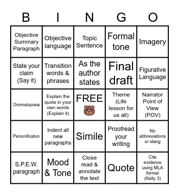 Language Arts Bingo Card