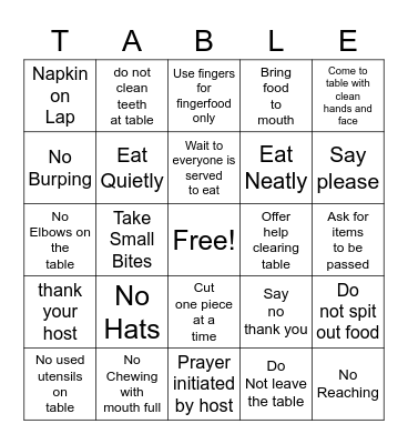 Table Manners Bingo Card
