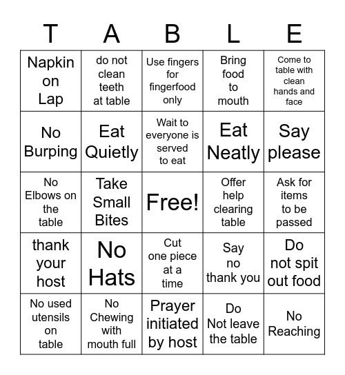 Table Manners Bingo Card