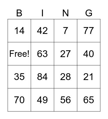 7 x table sums Bingo Card