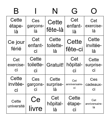 Adjectifs démonstratifs Bingo Card