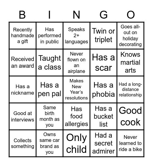 Harmony Bingo Card