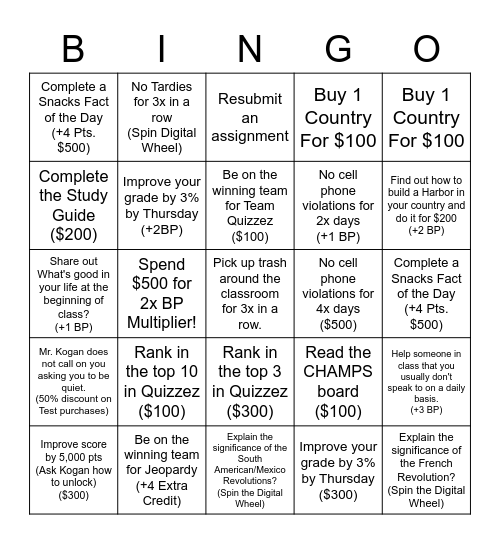 World History Bingo Card