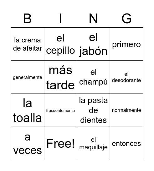 sustantivos y transciónes Bingo Card