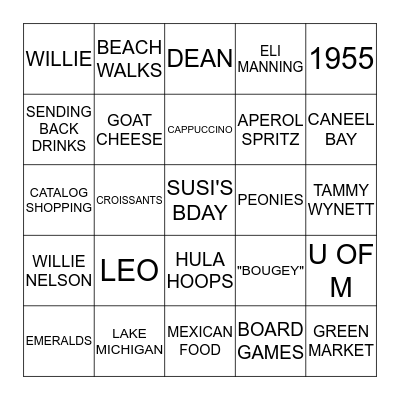 SUSI'S SIXTIETH BIRTHDAY BINGO Card