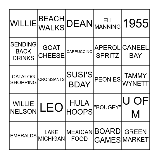 SUSI'S SIXTIETH BIRTHDAY BINGO Card