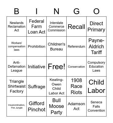 Progressive Era Bingo Card