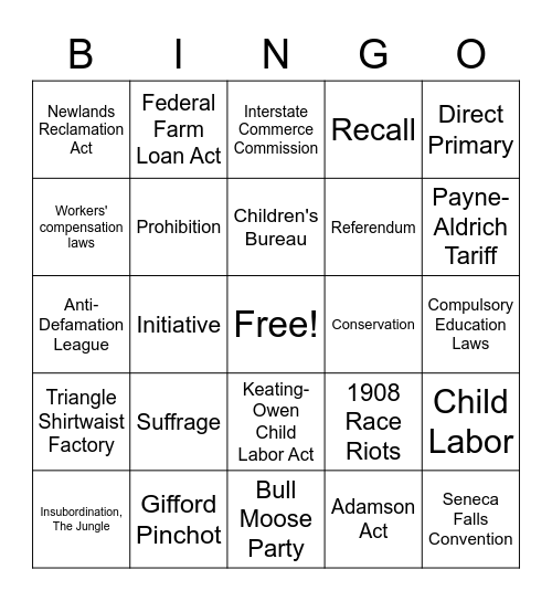 Progressive Era Bingo Card