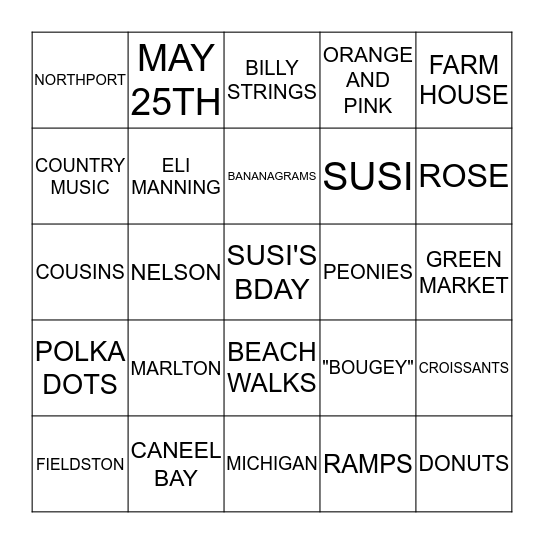 SUSI'S SIXTIETH BIRTHDAY BINGO Card