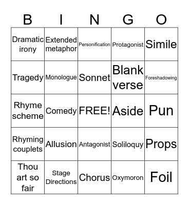 Romeo and Juliet Bingo Card