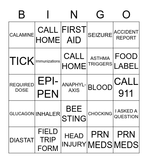 HEALTH INSERVICE BINGO Card