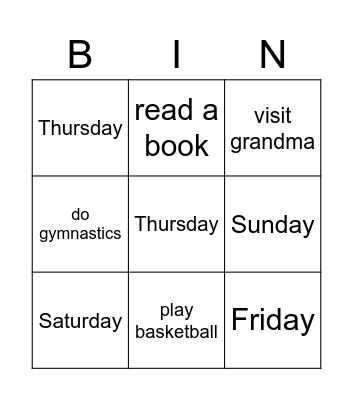 My week Bingo Card