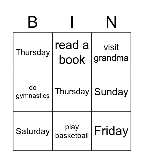My week Bingo Card