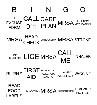 HEALTH INSERVICE BINGO Card