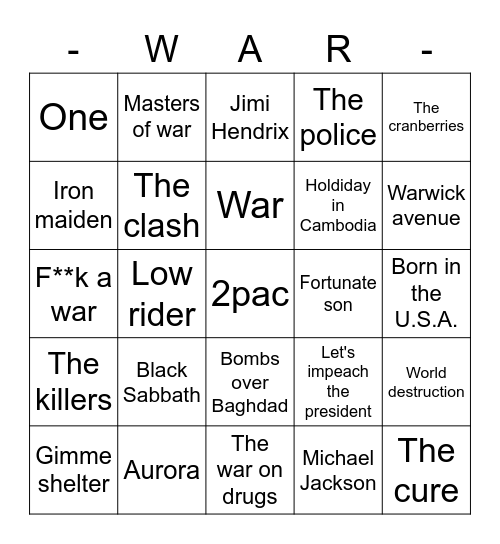 WAR Bingo Card