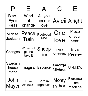 PEACE Bingo Card