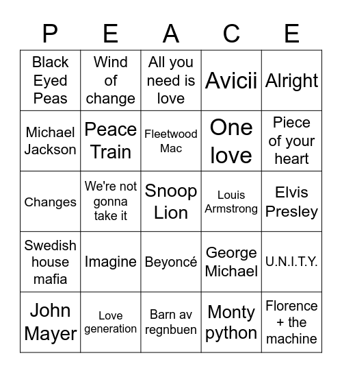 PEACE Bingo Card