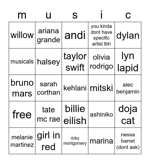 are we similar in music Bingo Card