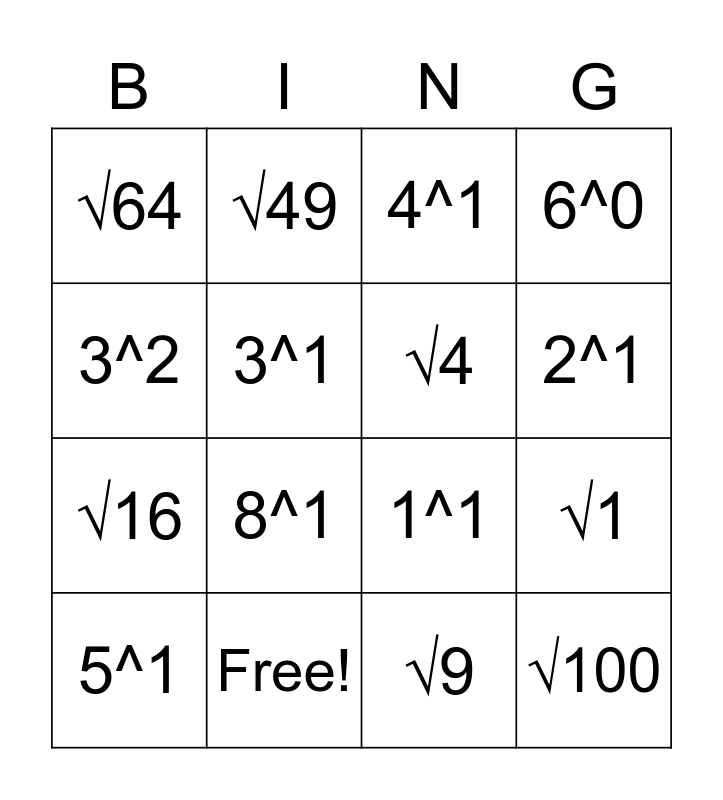 Exponents & Square Roots Bingo Card