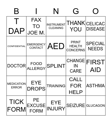 HEALTH INSERVICE BINGO Card