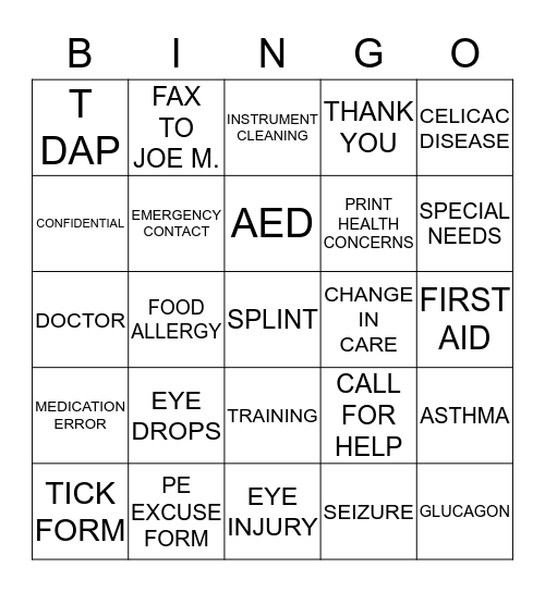 HEALTH INSERVICE BINGO Card