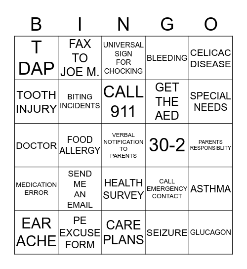 HEALTH INSERVICE BINGO Card