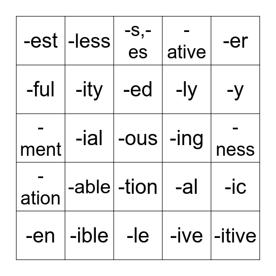 Suffixes Bingo Card