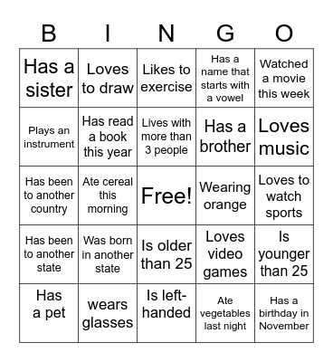 Getting to Know You Bingo Card