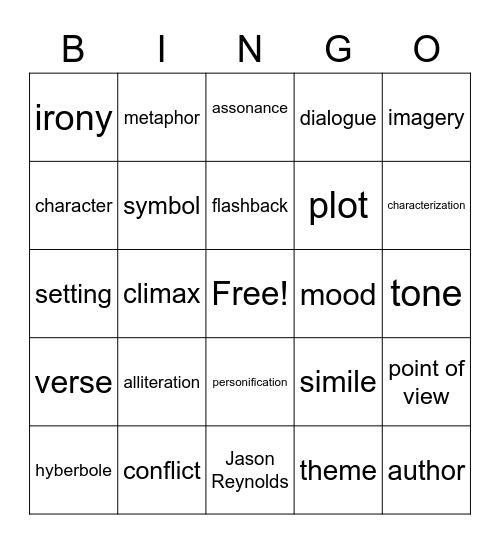 Literary Terms Vocab Bingo Card