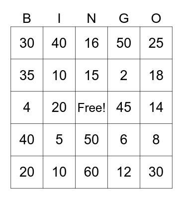 2's, 5's, 10's Multiplication Bingo Card