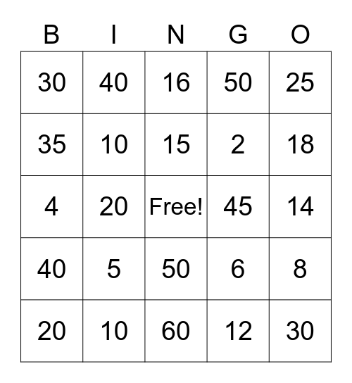 2's, 5's, 10's Multiplication Bingo Card