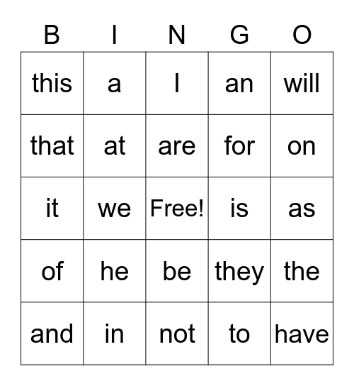 RH Most Common Words 1&2 Bingo Card