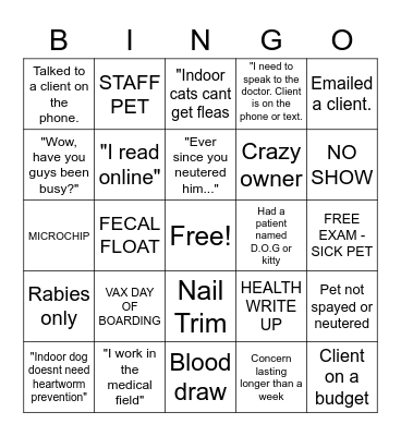 Vet Tech Bingo Card