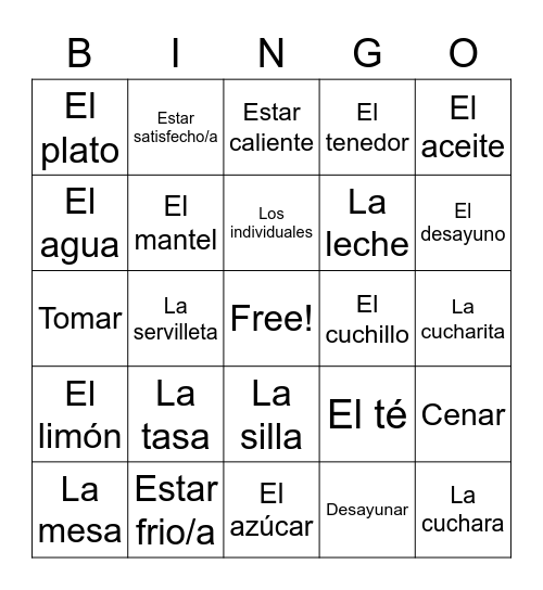 Table Vocab Bingo Card