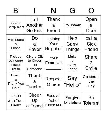 Random Acts of Kindness Bingo Card