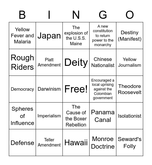 American Imperialism Bingo Card