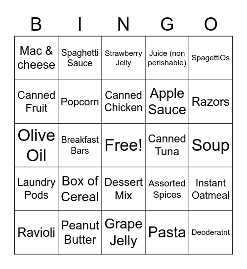 Milligan's Thanksgiving Food Drive Bingo Card