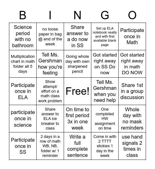 AJ Participation Bingo Card